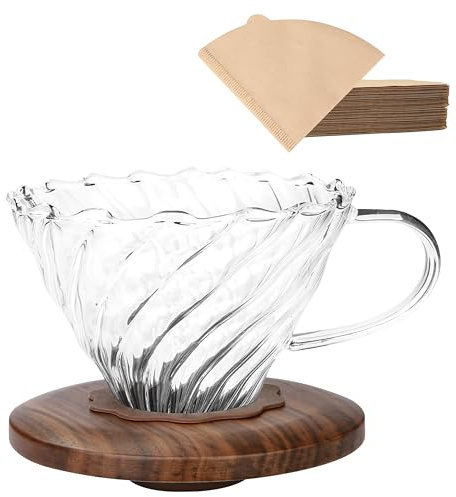 Lalord Pour Over Kaffee-Tropfer mit 100 Stück Papierfilter, Borosilikatglas und Walnussholzkragen, Tropfkaffeemaschine, 1–3 Tassen, transparent (Kaffee-Tropfer)