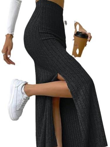 Frühling und Sommer hoch taillierter, seitlich geschlitzter, schmaler Strickrock für Damen, Hakama-Schwarz-XL