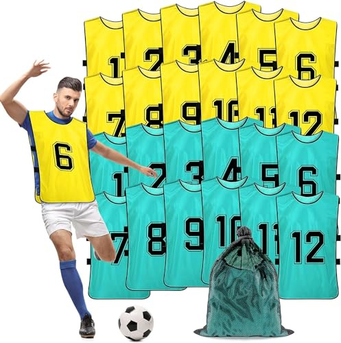 Lot de 24 gilets d'entraînement de football pour jeunes adultes, basket-ball, football, volley-ball, Jaune, vert, 47x70cm