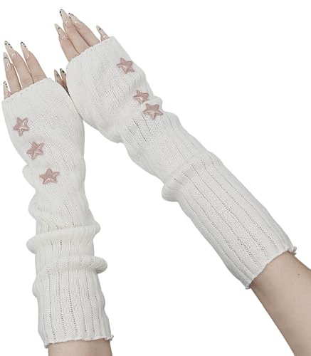 YAMEIZE Y2K Fingerlös stjärntryckt stickad - Armvärmare handskar för kvinnor män höst vinter varm arm stjärnmönster handskar kläder utomhus, Vitt