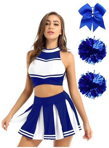 Alvivi 4tlg.Damen Cheer Leader Kostüm Cheerleading Uniform Crop Tops + Rock + Pompoms + Haarband Halloween Karneval Fasching Kostüm Blau XXL