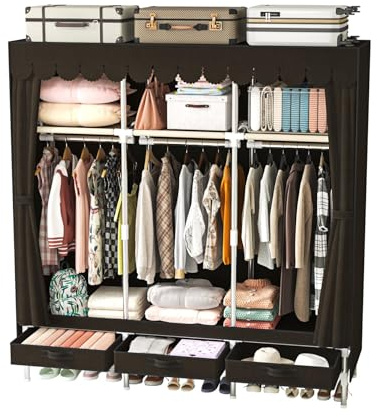 LEAIJIAFY Portable Amories Closet Wardrobe with Non Woven Fabric Cover,59 Inch Large Metal Clothes Rack Storage Closet with 3 Hanging Rods,3 Drawers and 3 Storage Shelves,Brown,for Small Room