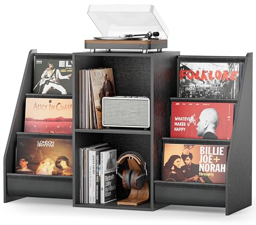 Bikoney Mueble para Tocadiscos con Almacenamiento – Soporte para Tocadiscos con Estante para 300 Vinilos, Consola Multimedia con Estante para CD, Vinilos y Equipo de Audio (Negro Vintage)