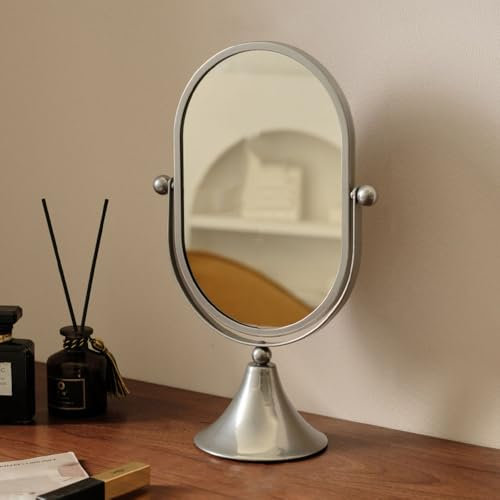 Hosoncovy Desktop Mirror with Stand Metal Frame Vanity Makeup Tabletop Mirror Oval Free Standing for Bathroom Bedroom (Silver)