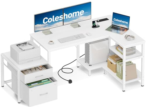 Coleshome Corner Desk with Drawers, 140×80 cm L Shaped Computer Desk with Storage Shelves & CPU Stand, Reversible Home Office Corner Desk with Power Outlets, White