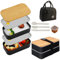 Nexhyp 2 Tier Bento Box Lunch Set with Insulated Bag Cutlery - Leakproof Compartments - Stackable Lunch Box for Adults Kids, Portable Pack Lunch Box Microwave Dishwasher Safe for Work School, Black