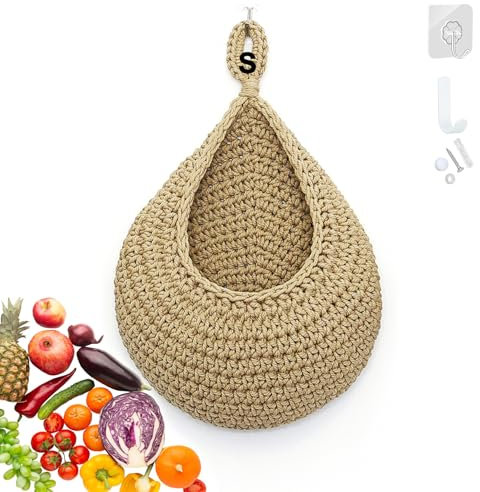 YANJINGHE Cesto per frutta intrecciato a mano, da appendere in corda di cotone con gancio, organizer da parete, cesto per frutta da parete