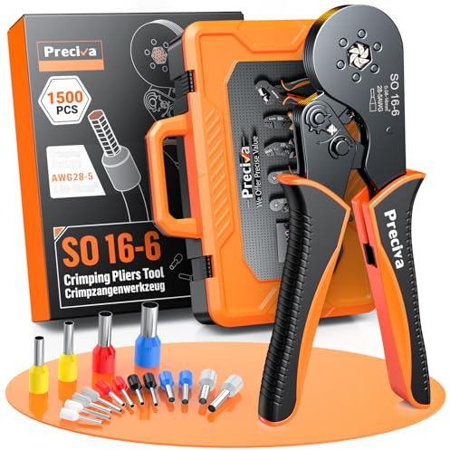 Preciva Crimpadora Terminales Eléctricos con 1500 Punteras – Alicates de Crimpeado Hexagonales 0,08-16mm², Prensa Terminales Cables, Kit de Crimpado con Caja, Herramienta de Crimpado de Virola