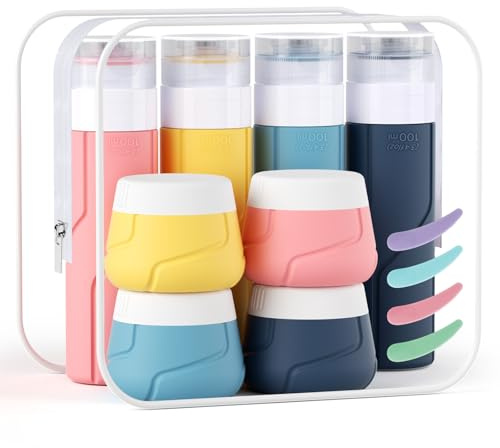 Alyvisun Lot de 14 Recipient Voyage en Silicone, Anti-fuite Flacon Voyage 100ml & Pots de Crème 30ml avec Accessoires, Rechargeables Contenant Voyage Vide pour Shampooing, Lotion, Crème