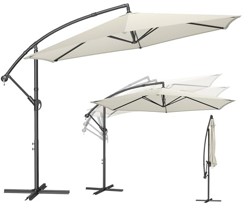 SONGMICS Ombrellone a Braccio 350 cm di Diametro, Ombrellone da Balcone con Base, Protezione Solare, Anti UV UPF 50+, con Manovella per Apertura e Chiusura, per Terrazza, Giardino, Beige GPU117LZ01