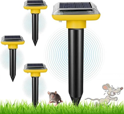 WUGEIN Ahuyentador de Topos Solar, 4 Piezas Repelente de Ratones Ultrasónico Impermeable IP65, Ahuyentador Animales, Anti Topos,contra Plagas, Repelente de Ratones Ultrasónico 4 Piezas