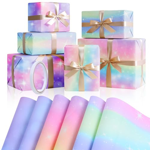 Wrapping Paper, 6 Sheets Rainbow Birthday Wrapping Paper Girls Gift Wrap with Tape for Women Wedding Valentine's Day Christmas - 70x50cm