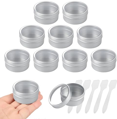 BPackGo Lot de 10 pots 40ml – bocaux en aluminium ronde Argentée avec fenêtre couvercle – boite aluminium cosmétique pour bougies, DIY, rangement, voyage - D53mm x H25mm