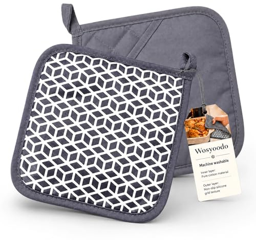 Wosyoodo 2 Pack Oven Gloves 20x20 cm, with Pocket Insert & Anti-Slip Silicone Pattern, Pot Holder, Washable & Soft Cotton, for Cooking, Baking, Kitchen Accessories (Grey)