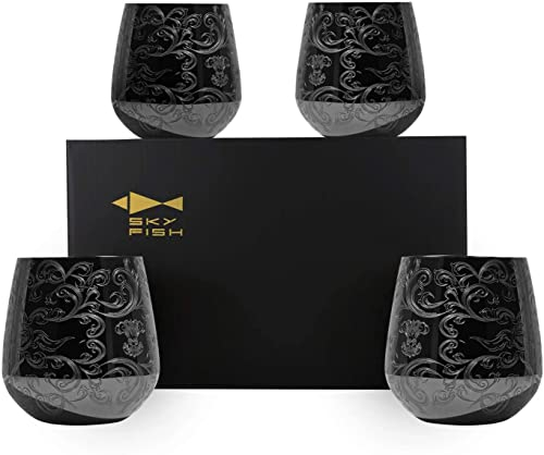 SKY FISH Stiellose Weingläser aus Edelstahl, Geätzte Edelstahl-Gläser, 4 Stück Gin Gläser, 500ml, Handwäsche, Schwarz