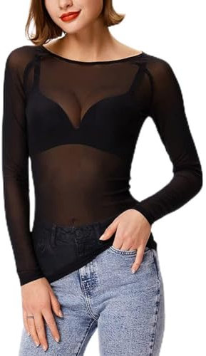 KFLY Women's Mesh Tops Long Sleeve Sheer Blouse Sexy Shirt See Through Clubwear Nightwear Black