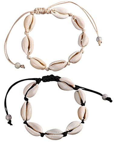 Clyhon 2 Pack Muschelarmband, Handgemachte Stricken Frauen Armband aus natürlicher Kobaltschale, verstellbare Armbänder im Hawaiian Beach-Stil (1 schwarze Schnur, 1 weiße Schnur)