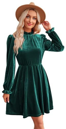 RPAEOY Abito Donna Elegante Invernale in Velluto Maniche Lunghe Collo Alto Vintage Vestito Ginocchio Curvy Vestiti da Sera Natalizio Cocktail Festa Cerimonia Verde L