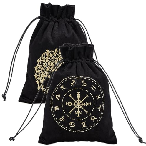 CREATCABIN 2 Bolsa Tarot Terciopelo Almacenamiento Tarjetas Tarot,12 Constelaciones,Bolsa Árbol la Vida,Soporte para Runas con Cordones,Grande para Cartas Tarot,Joyería Cristal,Dados,18x13cm,Negro