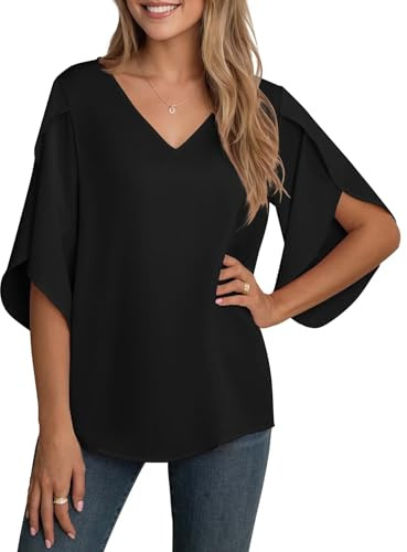 YGJIEGENG Camicia Donna Elegante a Manica a 3/4 Top Estiva Casual Tessuto in Chiffon Scollo a V Blusa Camicetta Manicotto Split Nero S