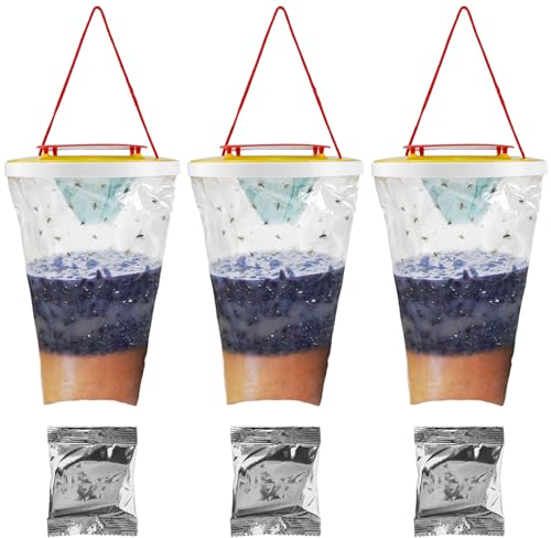 3 Stück Fliegenfänger, Fliegenfalle Catcher mit Fliegenköder, Hängende Outdoor Fliegenfänger, Fliegenfänger Käfig Behälter Ranch Fliegenfalle Insektenfalle für Mücken Fliegen Garten Pferdestall