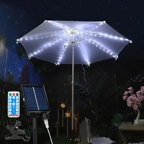 keeda Solar Umbrella Lights Outdoor Waterproof 104 LEDs 8 Modes Patio Parasol Light Decoration for Beach Tent Camping Backyard Garden Party (White)