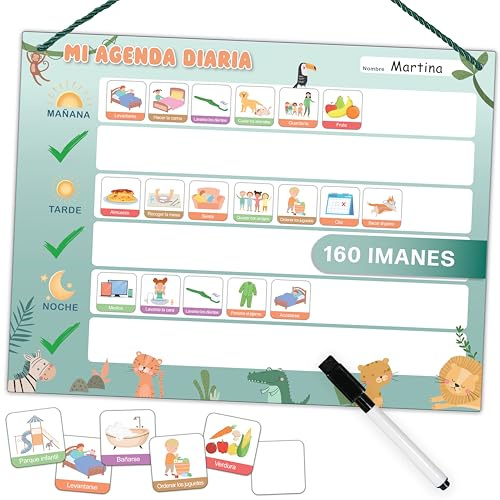 Mini Mindz® Planificador diario para niños - Pizarra magnética Montessori con un bonito diseño que incluye 160 imanes y bolígrafo - Juegos educativos a partir de 3 años - Calendario para niños
