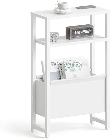 IRCPEN Narrow Side Table, Slim End Table with Magazine Rack, Bedside Table for Small Spaces, 3 Tier Sofa Couch Table Nightstand for Living Room, Bedroom, White LET503W