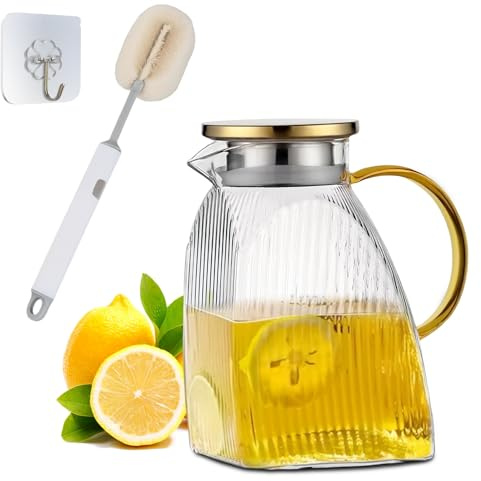 1,8 L Pichet à Eau en Verre Borosilicate, Cruche en Verre avec Couvercle et Anse, Pichet à Thé Glacé, Carafe d'eau pour Porte de Réfrigérateur, Carafe à Eau en Verre pour Boisson Chaudes & Froides (B)