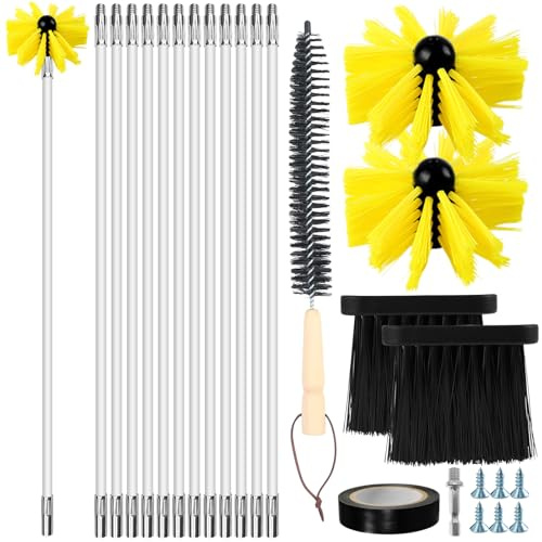 Lvjkes hérisson ramonage,18 pièces de Nettoyage de conduits daération avec 12 tiges 41cm,2 têtes de Brosse 10cm,a Tige hexagonale de 4,5cm,a Brosse à Manche en Bois 38cm,2 balayette cheminée - Jaune
