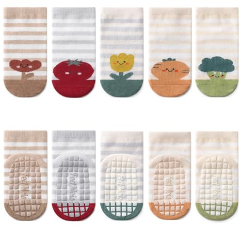 FedMois 5er Pack Baby Kleinkinder ABS rutschfeste Socken Sneaker Socken Tiermotive Baumwolle, Früchte, 3-5 Jahre