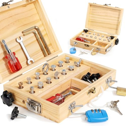 Lehoo Castle Montessori 3 Años Juguetes para Niños, Herramientas de Madera–15 Pcs Set Busy Board Juego Educativo de Motricidad Fina con Caja de Almacenamiento – Regalo Ideal para 4 5 Años Juegos