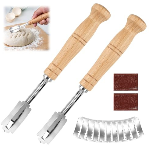 Cuchillo de Panadero Profesional con 10 Cuchillas de Acero Inoxidable 304, Mango de Roble Pulido, Incluye Fundas de Cuero y Bolsa de Almacenamiento, Herramienta Esencial para Panadería y Repostería