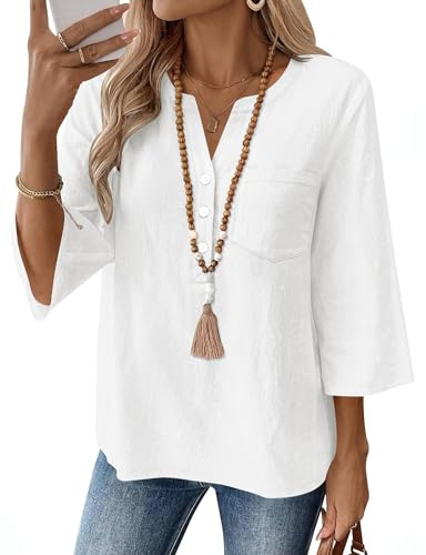 iWoo Womens Cotton Linen V Neck 3/4 Sleeve Blouse Loose Fit Shirt | Cotton Linen V Neck 3/4 Sleeve