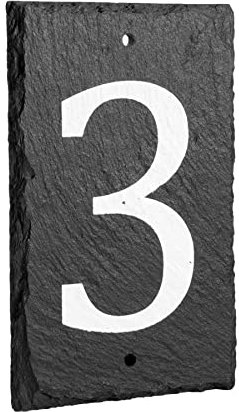 Number 3-14.5 x 9cm Natural Solid Slate House Number Plaque (0-9) Indoor & Outdoor Rustic Door Numbers Sign Including Fixings & Caps - by Nicola Spring