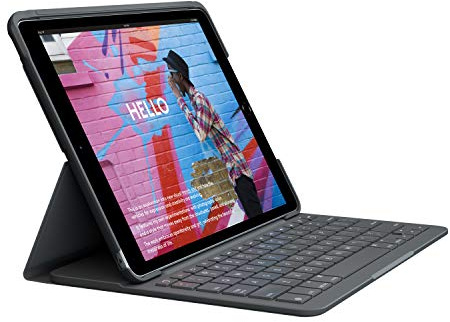 Logitech Slim Folio für iPad (7., 8. und 9. Generation) Tastatur-Case mit integrierter kabelloser Tastatur, Spanisches QWERTY-Layout - Grafit