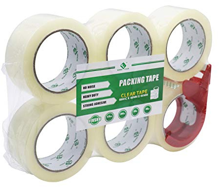 BOMEI PACK Extra Quiet No Noise Silent Clear Packing Tape Heavy Duty Packaging for Moving Shipping,Office and Storage,6 Rolls 60mic x48mm x66m with a Tape Dispenser