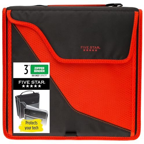 Five Star Zipper Binder, 3 Inch 3-Ring Binder with D Rings, Removable Padded Case, 5-Tab Expanding File and Multi-Use Strap, 850 Sheet Capacity, Red/Black (29296CE8)