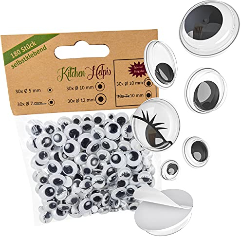 KH® Selbstklebende Wackelaugen in verschiedene Größen, SPEZIALKLEBER besonders starker Halt auf allen Oberflächen, 180 Stück Wackelaugen zum Basteln, Wackelaugen selbstklebend Set, Kulleraugen basteln