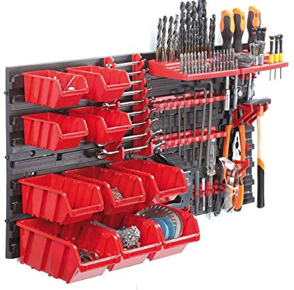 Werkzeugwand mit 10 Stapelbehältern + Werkzeughalterung Werkstattwand Lochwand Lagersystem Ordnugsystem 400 x 165 x 400 mm (LxTxH)