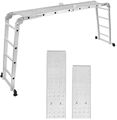 YARDIN Mehrzweckleiter Aluminum Gelenkleiter 470cm Leiter Klappleiter 6 in 1 Kombileiter Silber Multifunktionsleiter Vielzweckleiter mit 2 Rollen und Plattform, bis 150KG - 4x4 Stufen