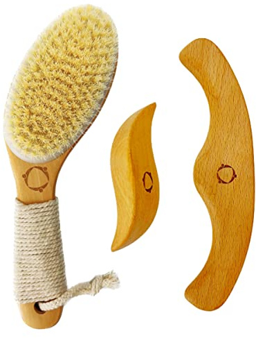 Dry Brushing Body Brush for Lymphatic Drainage-Vegan Dry Brush with Contoured Non-Slip Handle +Wood Therapy Massage Tools. Maderoterapia Kit, Gua Sha, Anti-Cellulite, Body Sculpting, Sensitive Skin