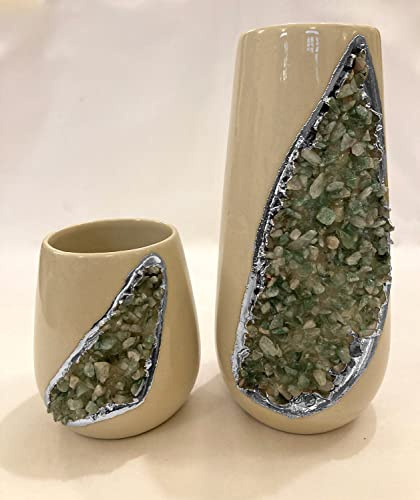 Cream and Gold Ceramic Vase/Planter/Pot/Wine Goblet/Mug with Light Green Semi - Precious Agate Crystal Gemstones |Both (Small & Large), (Silver - Finish)