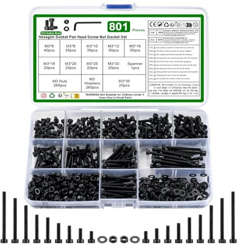 M3 Hex Socket Head Cap Screws Bolts and Nuts and Washers Assortment Kit, 801 Pcs Metric Allen Hex Socket Head Cap Screws Bolts, 12.9 Grade Alloy Steel, Fully Threaded, Black Oxide Finish