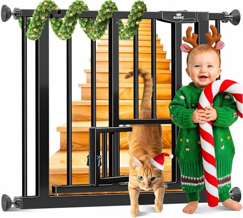 KIDIZ® Barrière de Sécurité, Barrière d'Escalier, pour Enfants, avec Portillon, pour Chiens et Chats, sans Percer, Extensible, Combinable avec des Broches en Y, Pivotante, 102-115 cm - Noir