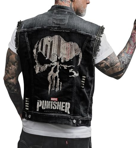 tinetill Homme Gilet en Jean Veste Courte sans Manches Manteau Punk Impression Denim Veste de Moto