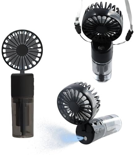 3 en 1 Ventilateur Portable, Ventilateur de Poche Silencieux 4 Vitesses, Ventilateur Brumisateur Rechargeable avec Lanière, Ventilateur de Table Pliable 180° Maison Bureau, Endurance 6-8h (Noir)