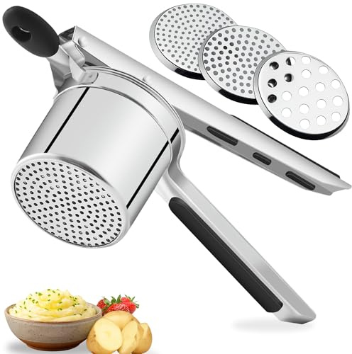 K-PamirZone Stor 445 ml rostfritt stål potatisrispare – kraftig matpress med 3 skivor för enkel potatismos, barnmat, gnocchi, ergonomiskt halkfritt grepp, diskmaskinssäker