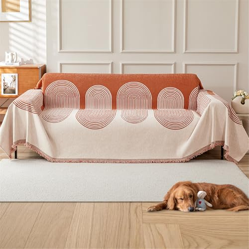 GEBIN Plaid de Canapé en Chenille Doux à Franges, Grande Taille, Protection Anti-Poils d’Animaux, Jeté de Canapé 3/4 Places,Rond Orange,180x300cm