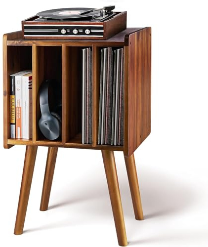 Soporte de madera para tocadiscos, mesa de almacenamiento de discos de vinilo con 4 gabinetes de hasta 100 álbumes (moderno de mediados de siglo)